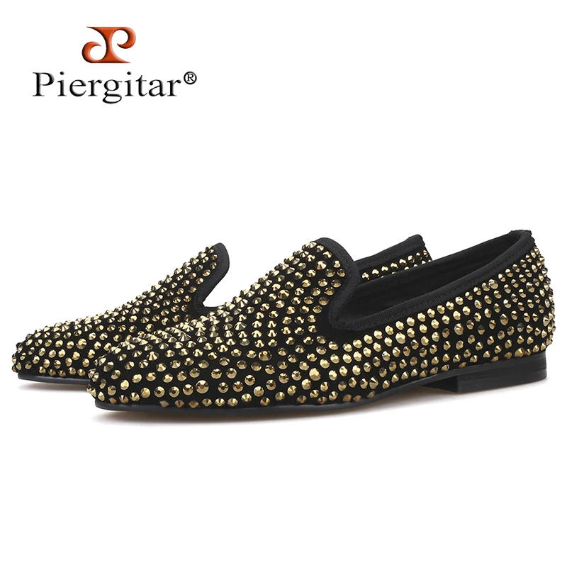 

Piergitar 2019 Handmade gold crystal women suede shoes party and wedding women loafers fashion smoking slippers women's flats