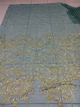 

Green mesh gold glitter Fashion design 5yards hand print sparkle glued glitter african tulle mesh lace YG-852