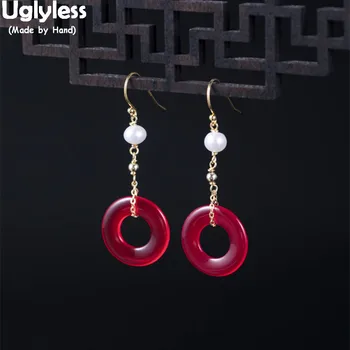 

Uglyless Real 925 Sterling Silver Natural Pearls Earrings for Women HOT Pink Agate Earrings Summer Wild Buttons Brincos Bijoux