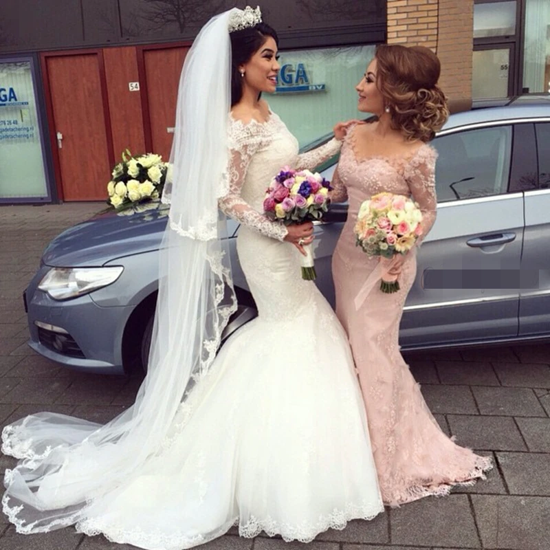 

2017 Lace Mermaid Arabic Plus Size Wedding Dresses Long Sleeves Beaded Bridal Dresses Wedding Gown Robe De Mariage