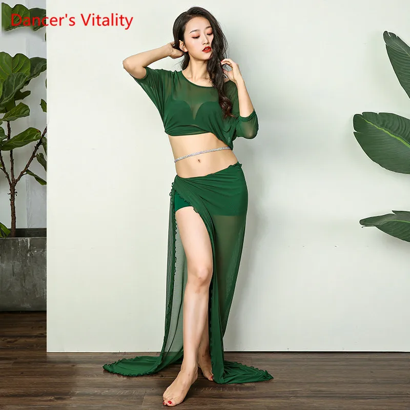 

2019 Summer New Arrival Women's Team Practice Dance Wear 2 Piece Belly Dance Suit Transparent Top long Skirt Red Gray Green