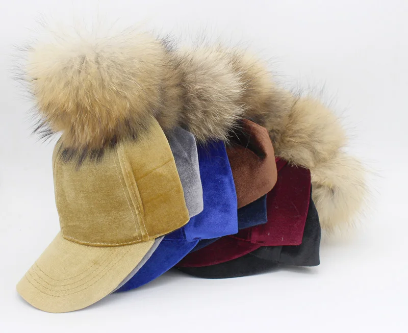 Зимние теплые шапки для женщин, бейсболки с помпонами для девушек, бейсболка с натуральным мехом енота HT51168+ 35