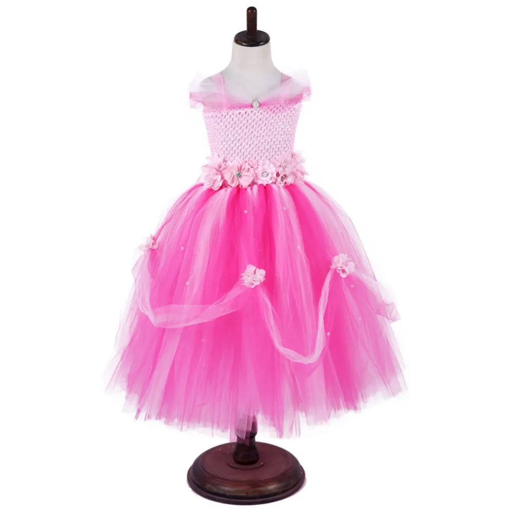 

Casual Rose Red and Pink Girls Dress for Teens Flower Ployester Mesh Bow Fringes Princess Party Halloween Dress Girls Clothing