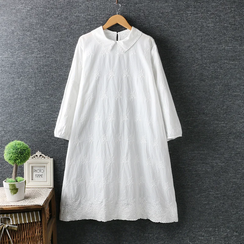 

mori girl 4 colors-Solid color embroidery flowers peter pan collar long sleeve cotton dress 9097