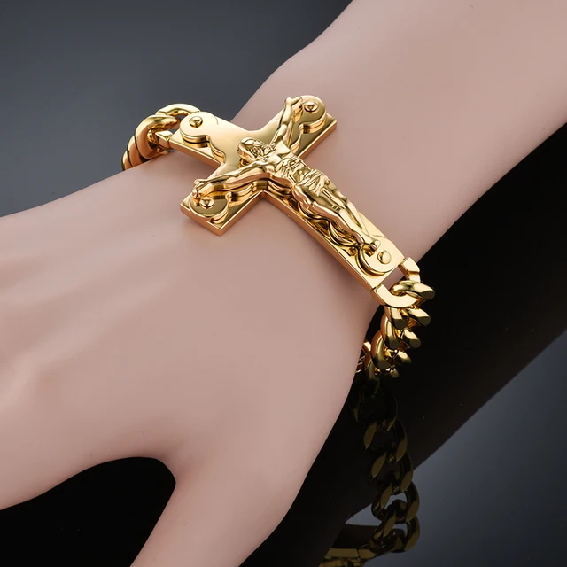 Mens Braclets Cross Stainless Steel Male Bracelets Whole Mens Braclets Cross Stainless Steel Male Bracelets Whole Pulseira Gold Color Cuban Chain Link Bracelet