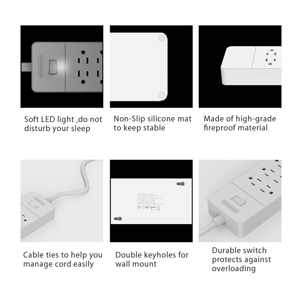 NTON power USP US электрическая вилка 8 AC Розетка электропитания с USB зарядным устройством 4 порта огнестойкая и защита от перенапряжения, 1,5 м шнур питания