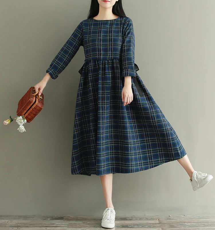 Женское миди платье весна-осень,свободное винтажное платье в клетку, повседневное платье японского стиля"Mori Girl",с завязками и длинным рукавом,темно-синего цвета
