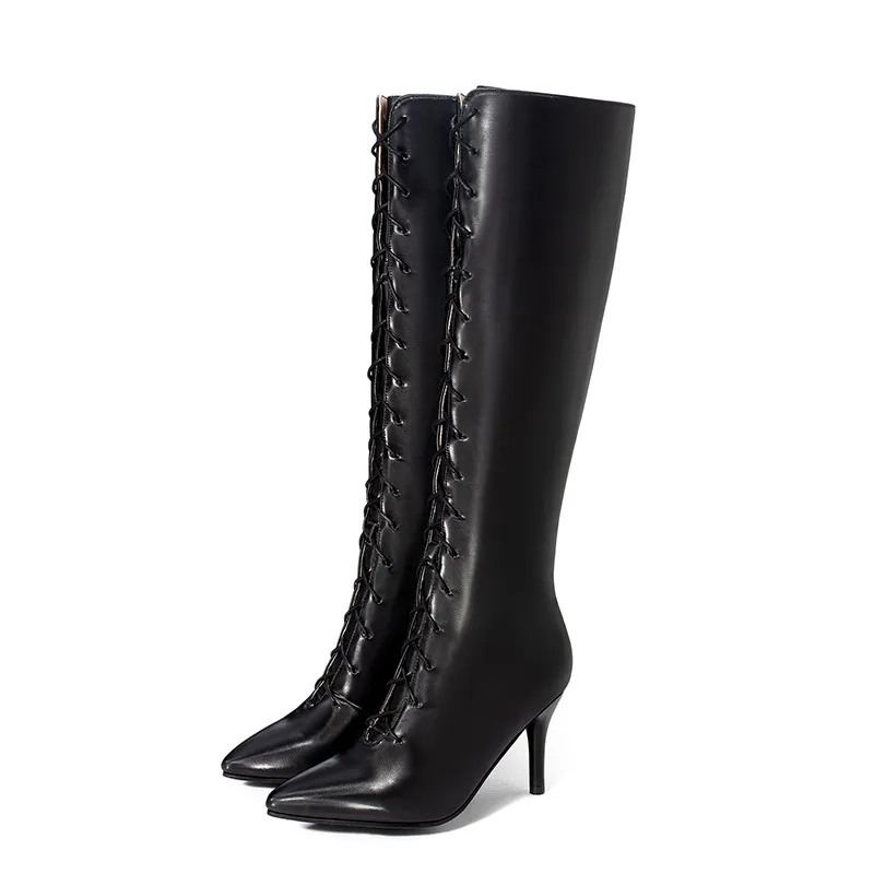

B2-4 Size 30-46 Ladies Cross-tied Zips Knees High Boots Female Fashion Solid Colors Boot Woman High Heels Shoes Plus Size Shoe