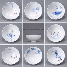 Керамические чайные чашки кунг-фу, ручная роспись, голубой и белый фарфор, чайные наборы Цзиндэчжэнь из Китая E