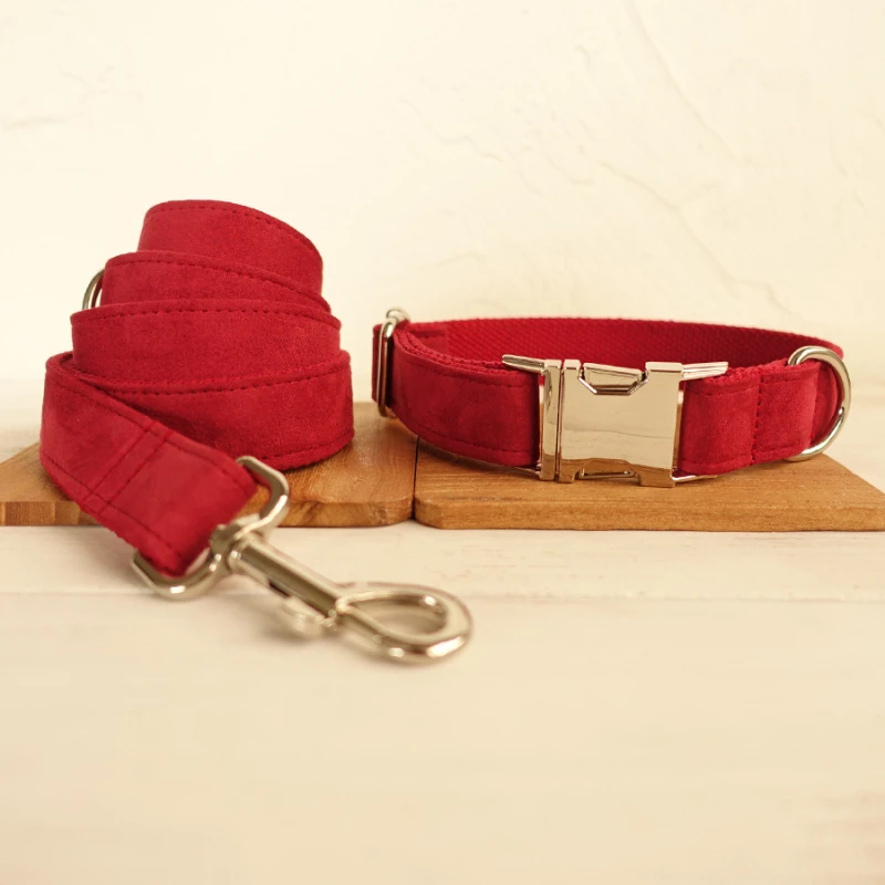 

GLORIOUS KEK Soft Suede Leather Dog Collars Adjustable Personalized Dog Collar Leash Set Red Nylon Pet Collar Bull Terrier Pugs