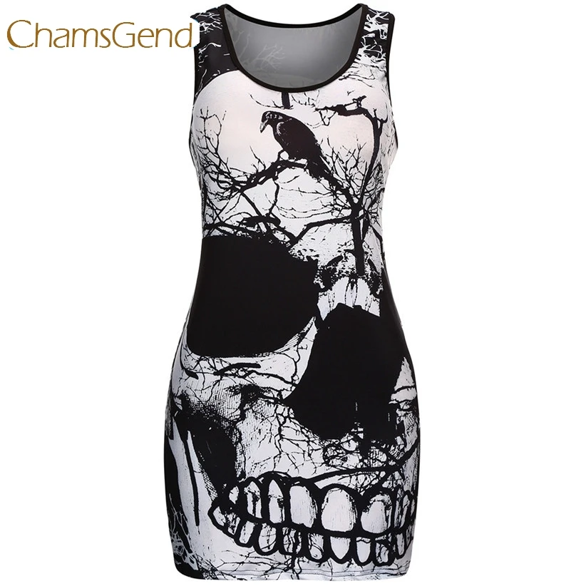 

Chamsgend Newly Design Women Punk Style Skull Print Sexy Tight Short Mini Club Party Dress Plus Size Sleeveless Sundress 170622