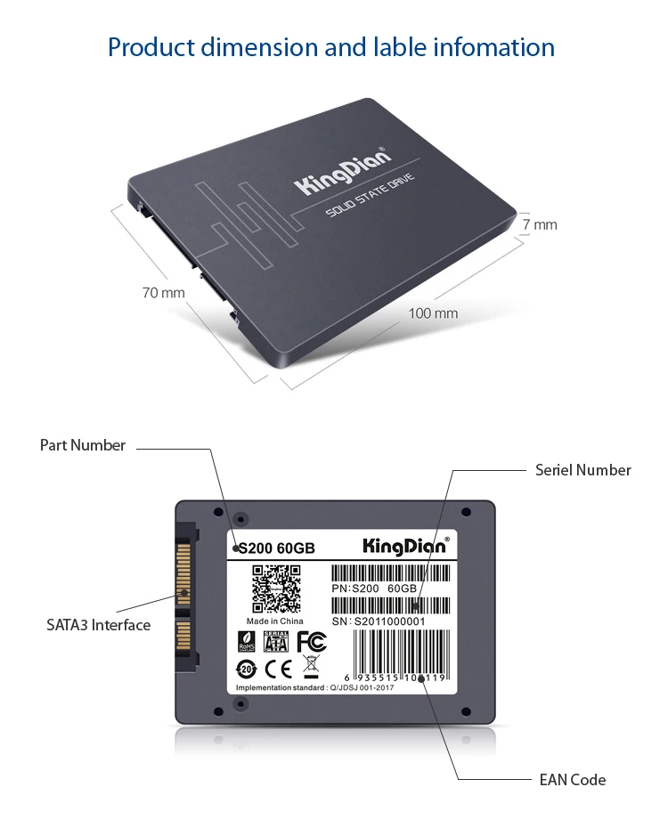 SSD 64GB KingDian бренд 2,5 SATA3 жесткий диск HD HDD для ноутбука S200 60GB