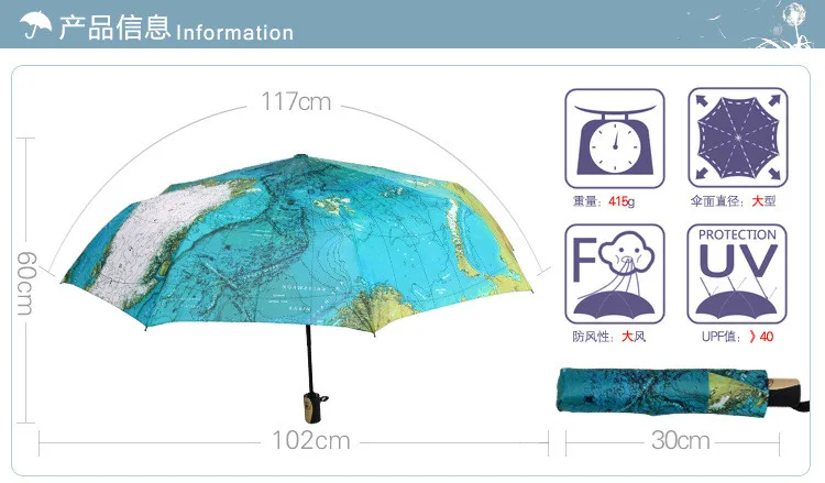 Креативный полностью автоматический трехстворчатый синий зонт с рисунком карты дождь женщина личность складной Ультра-светильник солнце путешествия человек Анти-УФ зонтик
