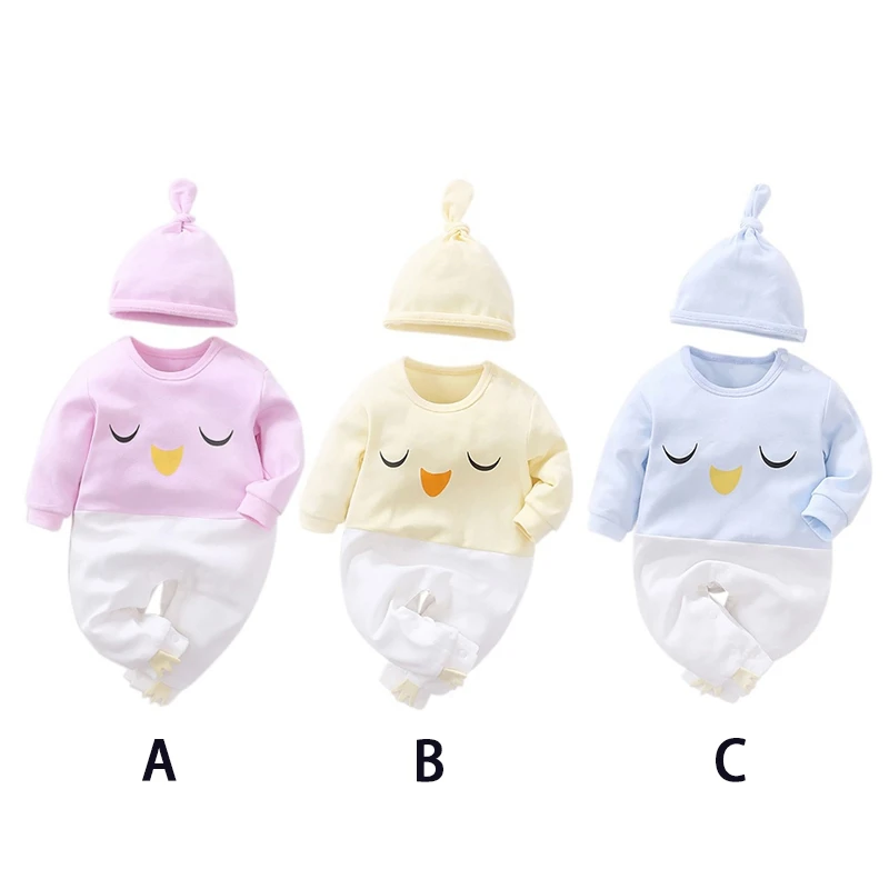 Baby Clothes Rompers Kid Clothes Autumn Newborn Girls And Boys Cartoon Animal Pattern Rompers Set Long Sleeve Hats Set Close-fit