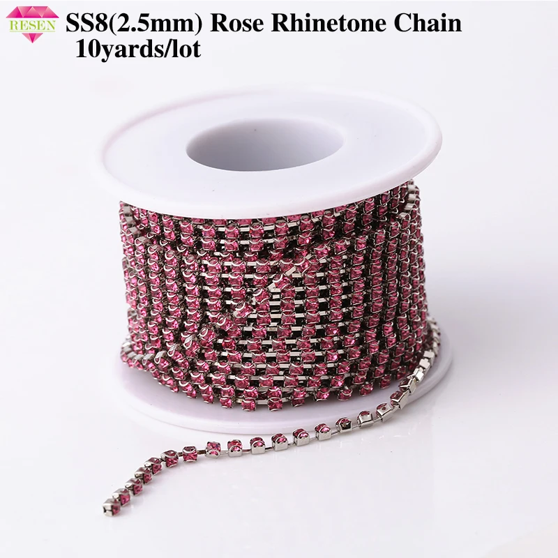 

RESEN New Type!SS8 2.5mm Rose Glass Rhinestone Chain Sewing Accessories Rhinestone Trim Chain Diamond Chain For Garment