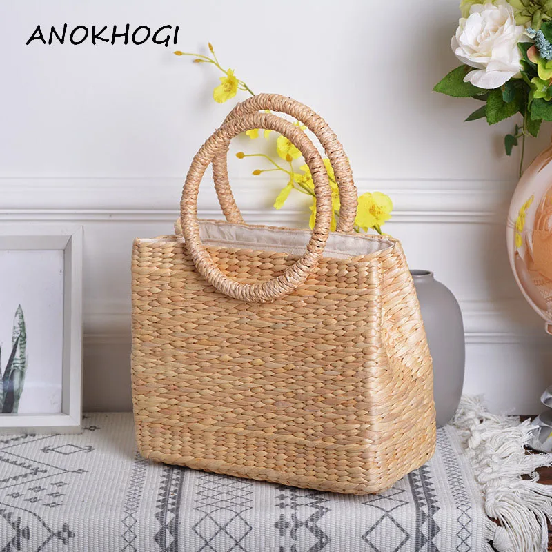 

Handmade Women Straw Bags Vintage Beige Straw Woven Ladies Tote Bag Top- Handles Handbags Beach Holiday Bags B427