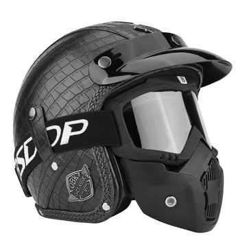 

PU Leather Helmets 3/4 Motorcycle Chopper Bike Helmet Open Face Vintage Motorcycle Helmet with Goggle Mask 2018 New