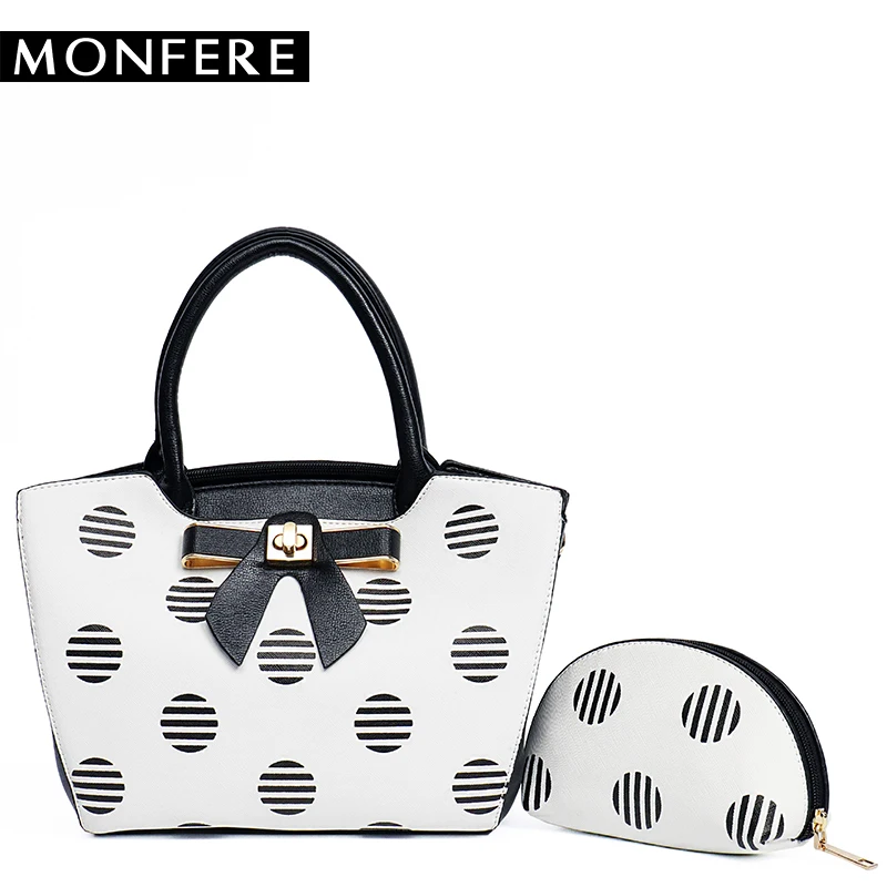 

MONFERE Women Dot Top-Handle Bags Bow Female Messenger Bags Multi Pockets Handbag Set PU Leather Shoulder Bags with Coin Purse