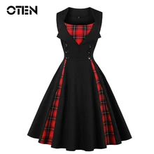 OTEN 2020 vestido grande de tartán para mujer, Túnica de verano, Vintage, sin mangas, con estampado de cuadros rojos, botón de fiesta de Rockabilly, vestido de Pin up sexy