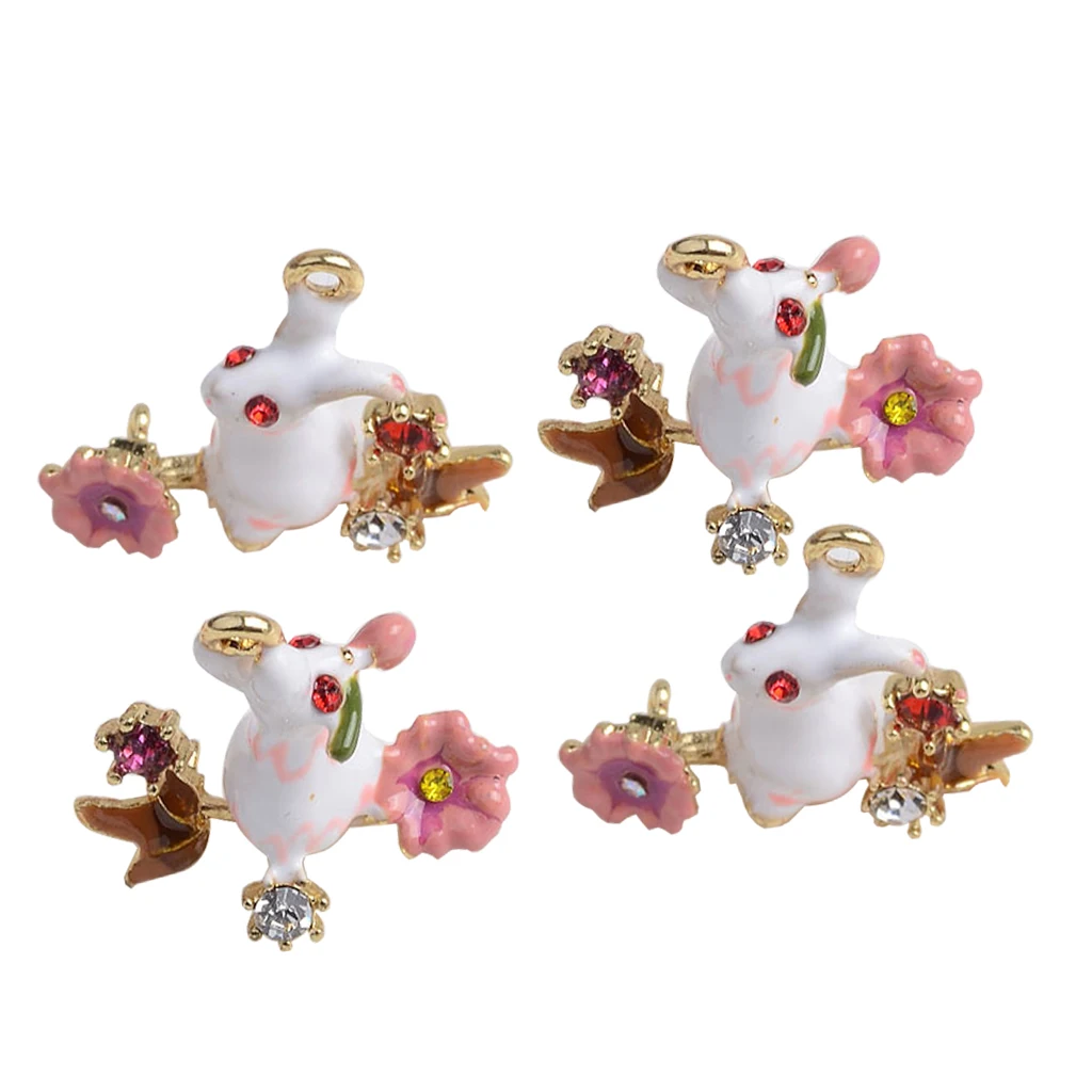 4Pcs Rhinestone Decorated Easter Rabbit with Flower for Hanging Charms Pendants /Earring Findings Crafts/Necklace Bracelets DIY