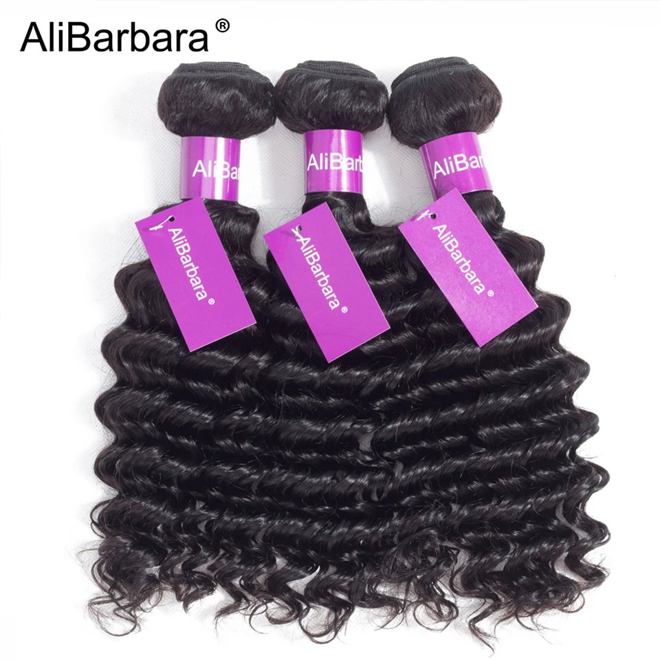 AliBarbara Hair Brazilian Deep Wave Hair 3 Bundles Remy Human Hair Extension Natural Black Double Weft Can Be Dyed Bleach