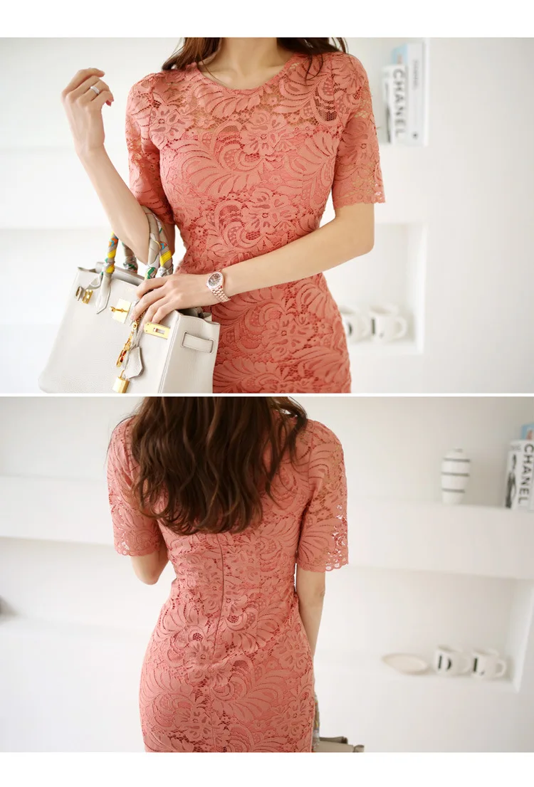 Лето Новое корейское темпераментное тонкое с коротким рукавом Модное Длинное кружевное платье до колен