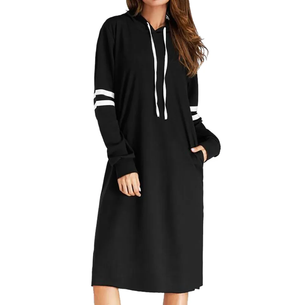Hip Hip Womens Black Hoodie Pullover Dress Spring Autumn Ladies Fashion Striped Patchwork Long Sleeve Casual Loose Dresses #YL1