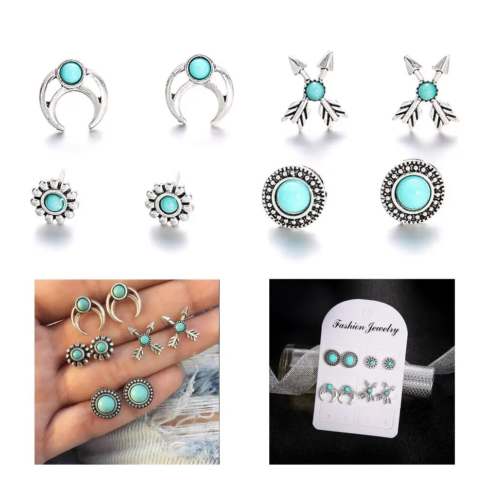 

4 Pairs Women Stud Earrings Mixed Round Blue Moon Sun Arrow Earrings Set Gift