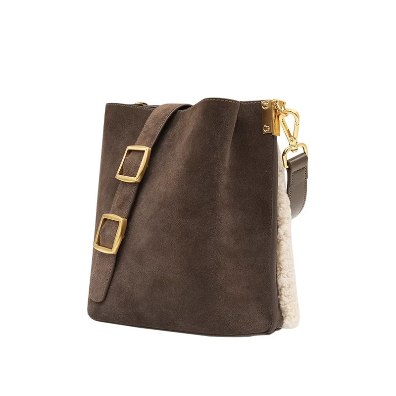 

Wool handbag splicing frosted bucket bag Autumn and winter new retro female bag leather shoulder bag diagonal package
