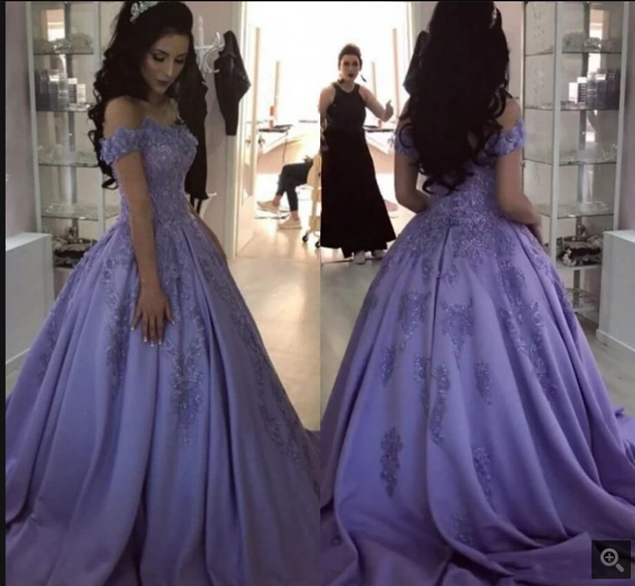 

2019 free shipping lavender ball gown off the shoulder prom dress lace appliques beaded scoop neck corset prom gowns hot sale