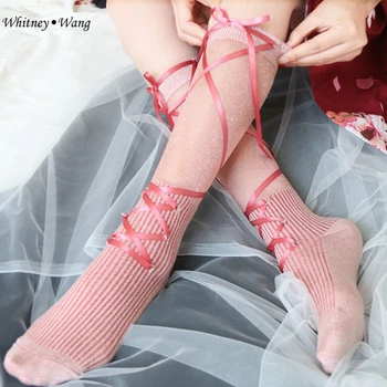 

WHITNEY WANG 2019 Spring Fashion Streetwear See Through Mesh Patchwork Lace Up Socks Women Sweet Girl Lolita Stockings