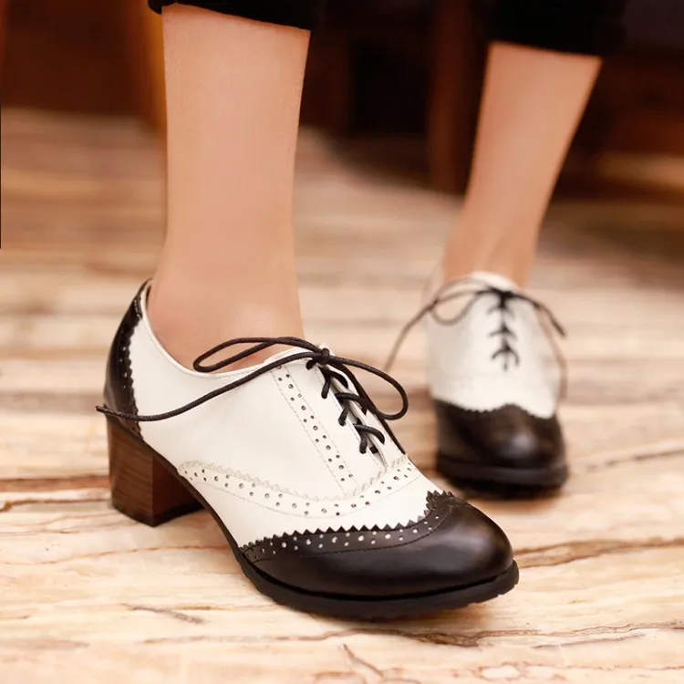 Туфли на высоком устойчивом каблуке в западном стиле женские туфли-оксфорды модные винтажные женские туфли на шнуровке в британском стиле женские туфли-лодочки большие размеры 34-43 - Цвет: black white I30