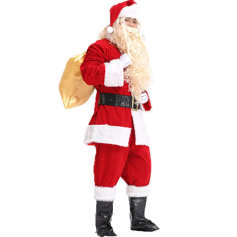 10 в 1 рождественские костюмы, костюм Санта-Клауса для взрослых мужчин, полный комплект, красный Рождественский Карнавальный костюм для женщин, роскошный костюм