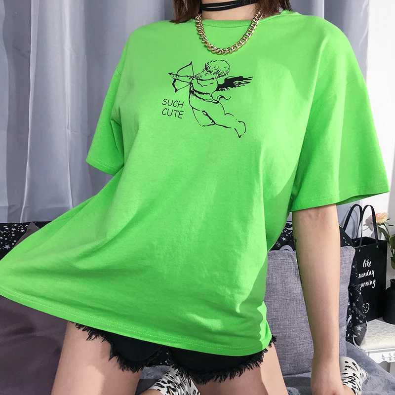 

Casual Loose Women Oversized T Shirt Cute Cupid Angel Print Graphic Tee Shirt Femme Green Harajuku High Street Korean Tshirt