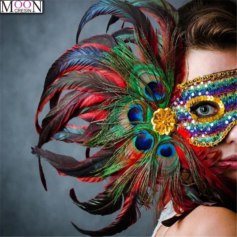 

MOONCRESIN DIY Diamond Embroidery Feather Mask Girl Diamond Painting Cross Stitch Full Square Drill Rhinestones Mosaic Butterfly