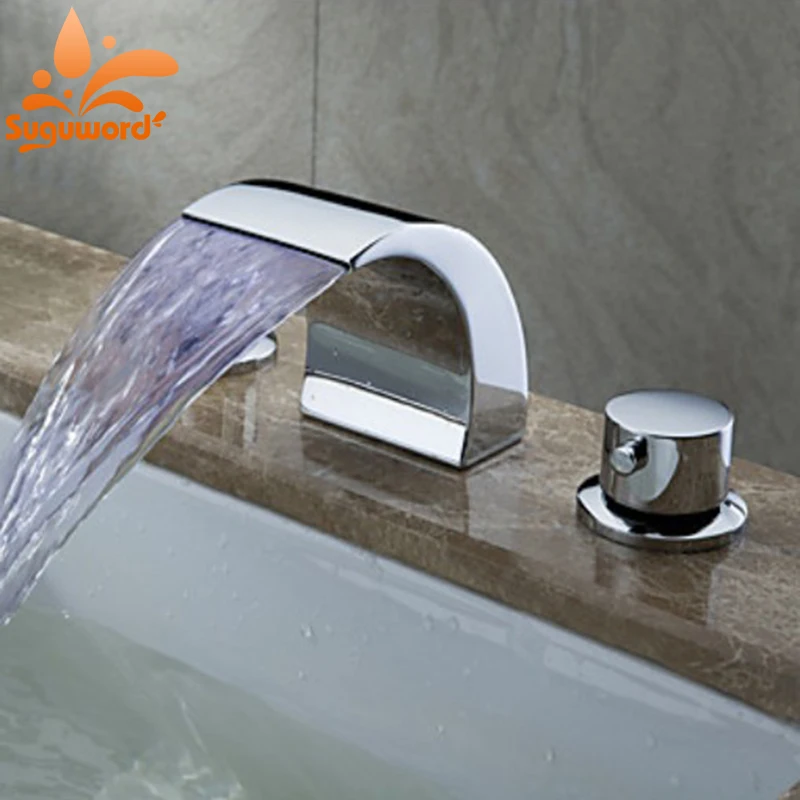 

LED Waterfall Widespread Bathroom Sink Faucet Chrome Basin Mixer Tap
