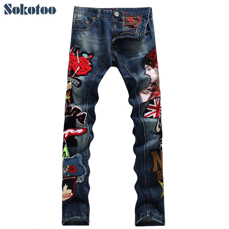 

Sokotoo Men's fashion beauty girl English flag denim jeans Male casual appliques straight pants Slim long trousers Free shipping