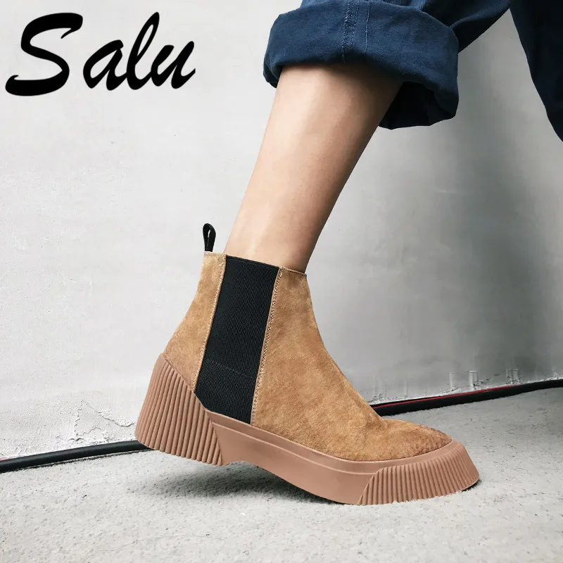 

Salu Black Brown Pig Suede Leather Cowboy Ankle Boots for Women Wedge High Heel Boots Shoes Woman Western Cowgirl Boots