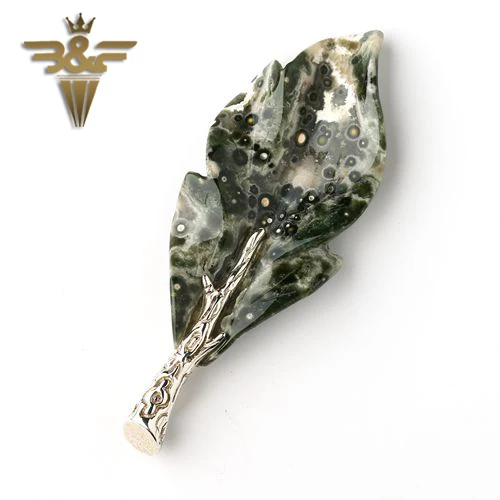

925 Sterling Silver Pendant!! Natural Stone Ocean Jasper Carved Leaf Shape individuality Jewelry