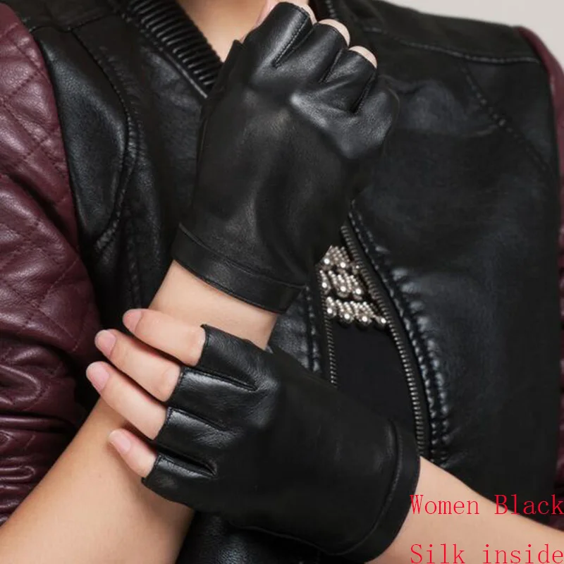 Новые модные высококачественные мягкие женские и мужские перчатки из натуральной кожи, мотоциклетные перчатки без пальцев, тактические перчатки из овчины S74 - Цвет: Women Black Silk