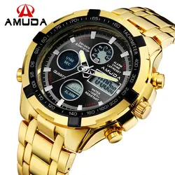 AMUDA мужской золотые часы цифровые часы светодио дный полный сталь LED для мужчин спортивные часы ежедневный датированный календарь