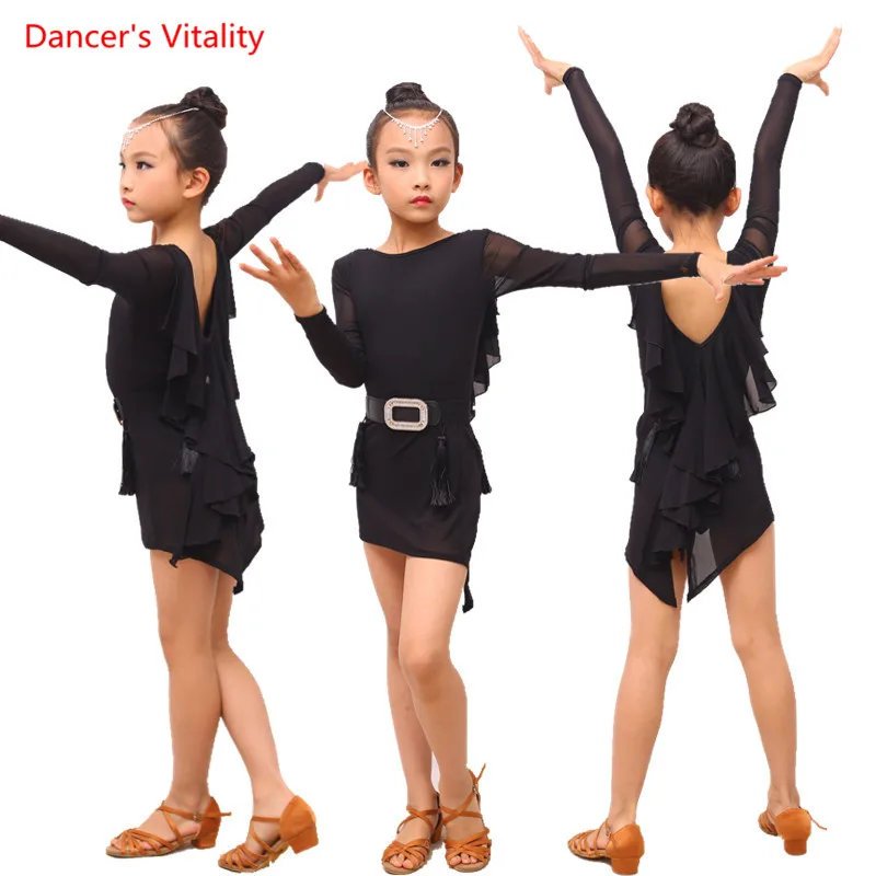 

Girls Latin Dance Practice Dress Girls/Kids Long Sleeve Backless Dress Children Ballroom Dance Clothing Performance Wears