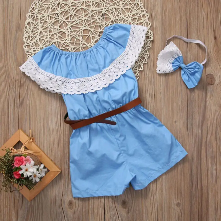 

Girl clothing Sets Baby Girl Off Shoulder Lace Overalls Jumpsuit Romper with Bow Headband Belt 3PCS Girls Set ropa de nina 0-3T
