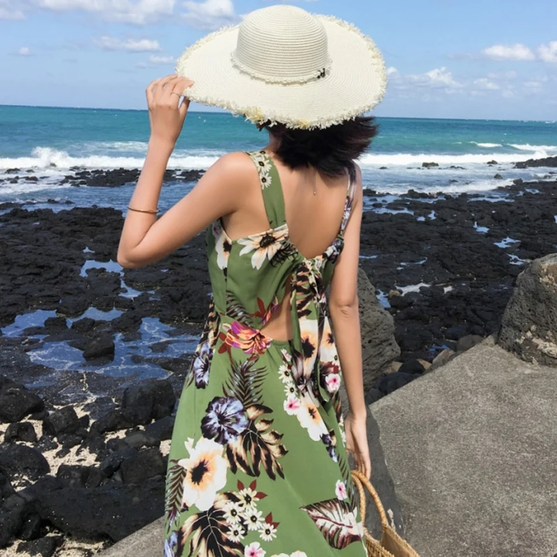 Summer Floral Print Women Sundress Boho Tropical Long Sexy Green Vacation Sleeveless Vintage Elegant Maxi Beach Dress New