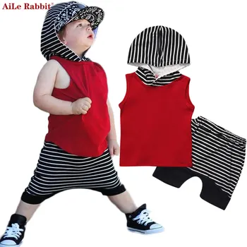 

AiLe Rabbit New Ins Boy Clothes Suit T-shirt Shorts 2 Pcs Baby Fashion Stripes Harem Pants Geometric Triangle with Cap k1