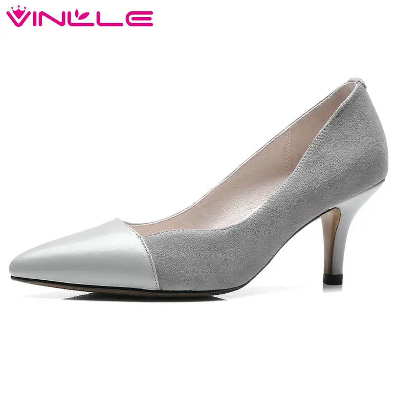 

VINLLE 2018 Women Pumps Pointed Toe Genuine Leather+Kid Suede Slip On Black Thin High Heel Ladies Wedding Shoes Size 34-40