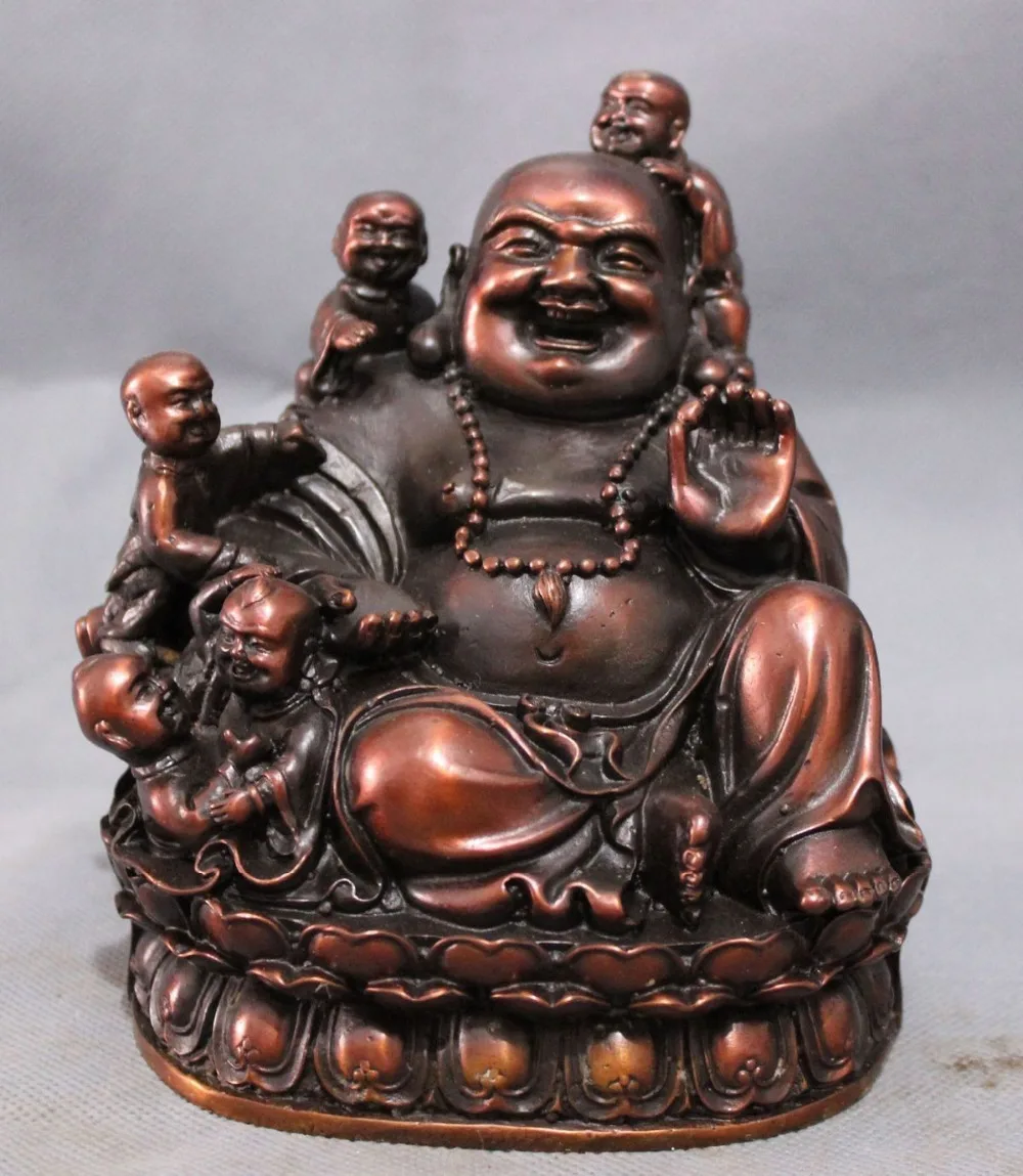 

006938 Chinese Pure Bronze Wealth 5 Kid Child Pray Happy Laughing Maireya Buddha Statue