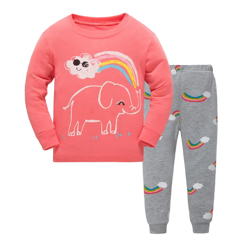 P823 Elephant, Children girls pajamas, long sleeve cartoon sleepwear