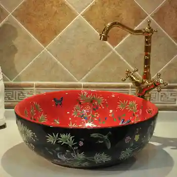 

China Ceramic Art Basin Sinks Counter Top Wash Basin Bathroom Vessel Sinks vanities ceramic countertop wash basin flower bird