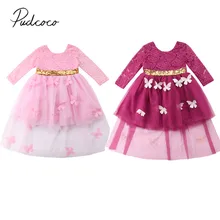 Коллекция года, новое Брендовое нарядное платье принцессы для маленьких девочек шифоновое платье-пачка с длинными рукавами и кружевными цветами, бантом и бабочкой для детей от 1 до 6 лет
